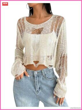 Sheer Ripped Long Sleeve Crop Top Shrug Y2k See Through Sweater